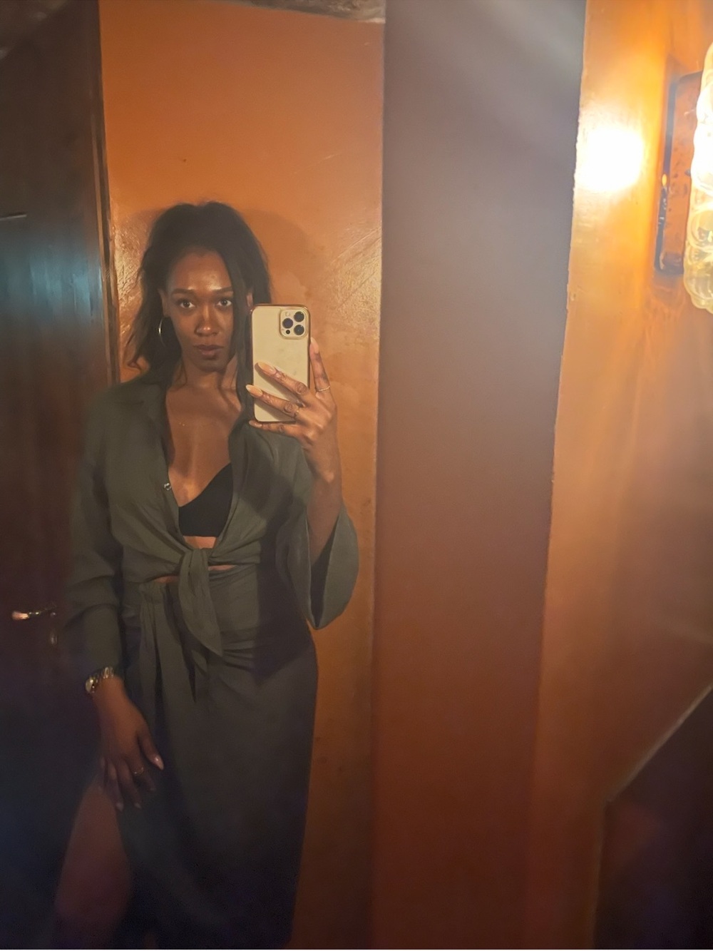 Olive Linen-Blend Midi Skirt